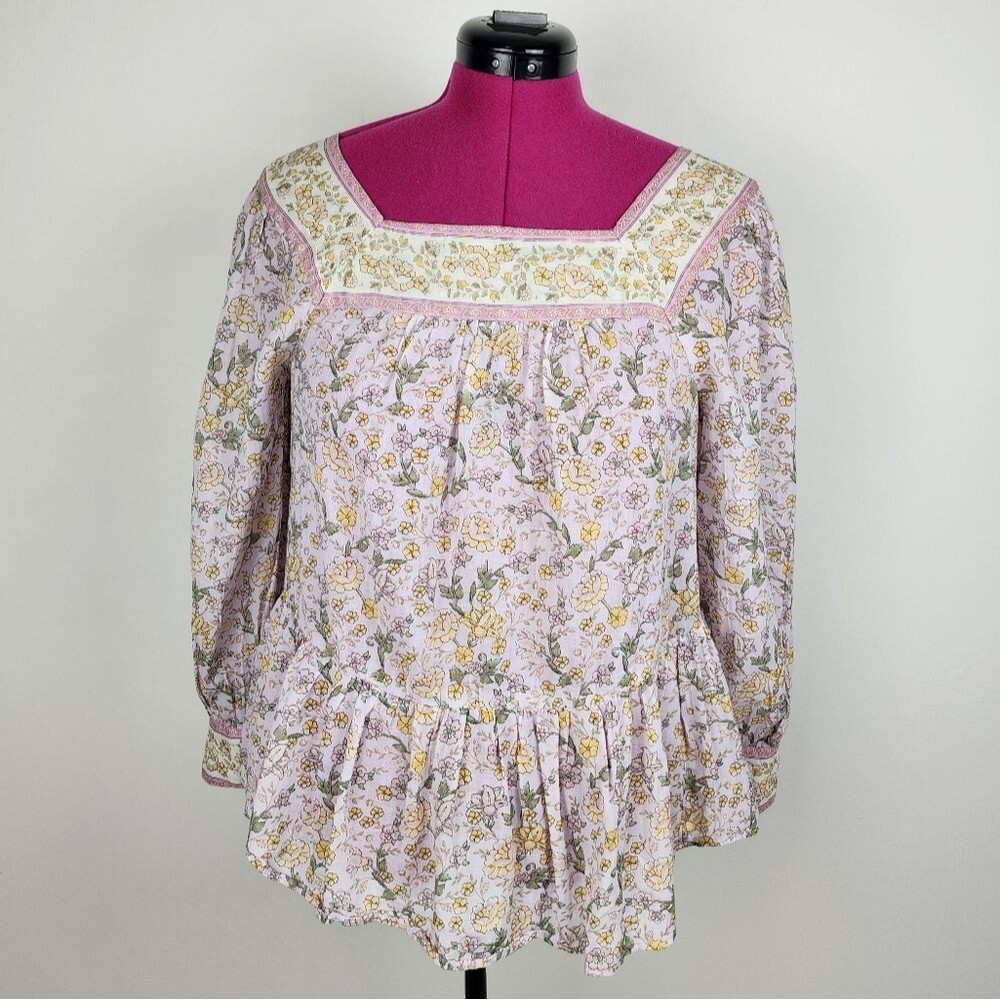American Eagle AEO Cotton Top Floral Peasant Blouse Boho Balloon Long Sleeve S - Picture 16 of 16